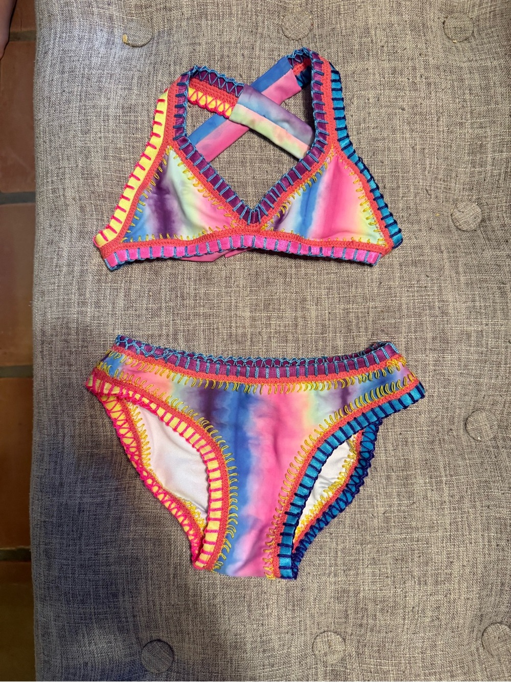 PQ Swim Girls Rainbow Tie-Dye Crochet Trim Bikini - Pink, Blue, Yellow, Purple